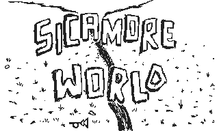 8-bit illustration with text sicamore world on a hillside with stream